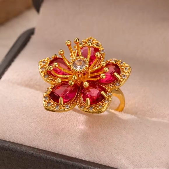 Anthropologie Blossom Gold Pink Floral Crystal Stainless Steel Adjustable Ring - Picture 6 of 17